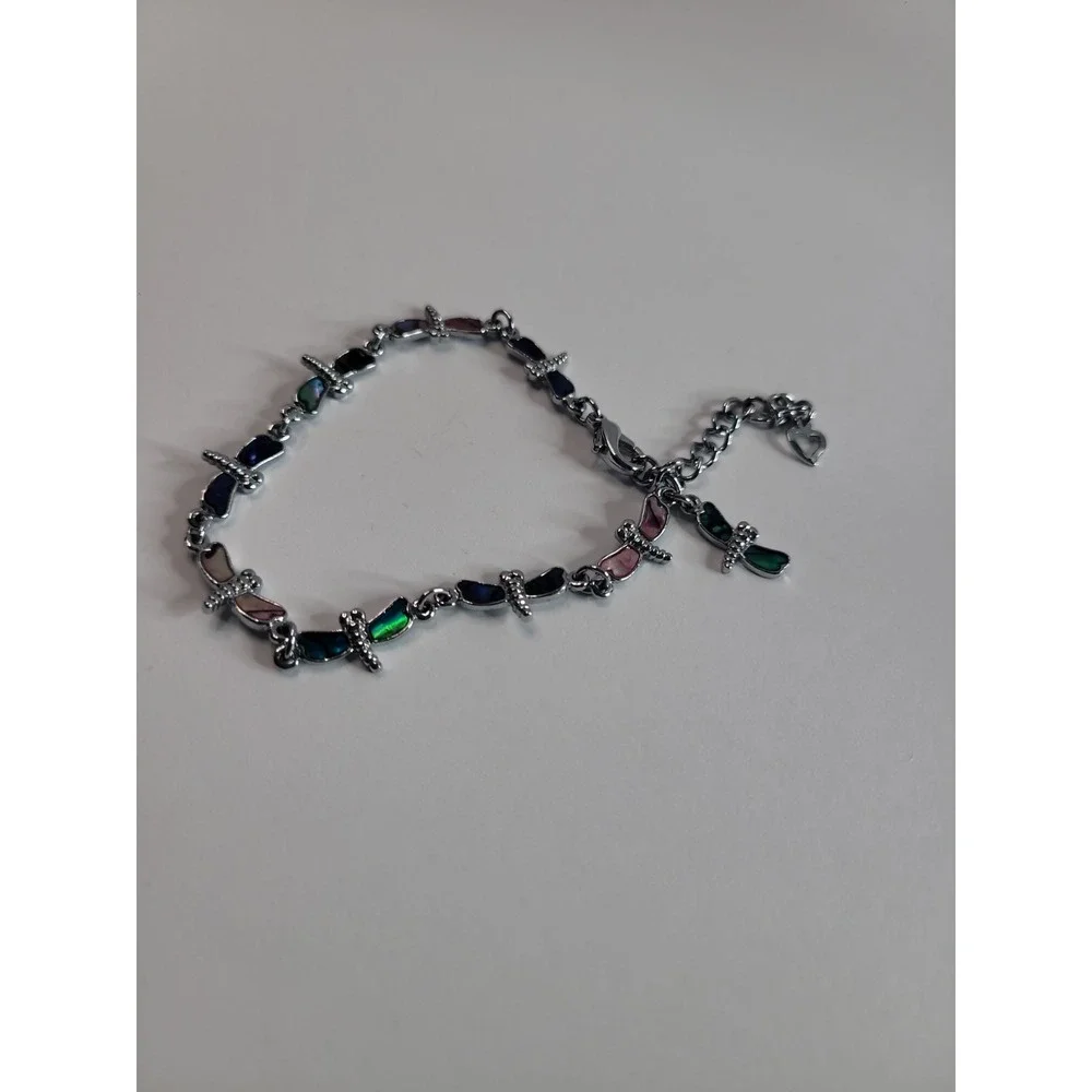 Silver Tone Multi Color Dragonfly Link Bracelet Nature Colorful Boho